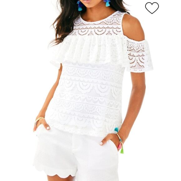 Lilly Pulitzer Lyra Top size XS resort white scalloped stripe lace cold shoulder - Picture 1 of 12